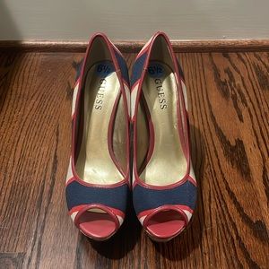 Guess Shoes | Red,Ivory, and Blue Heels